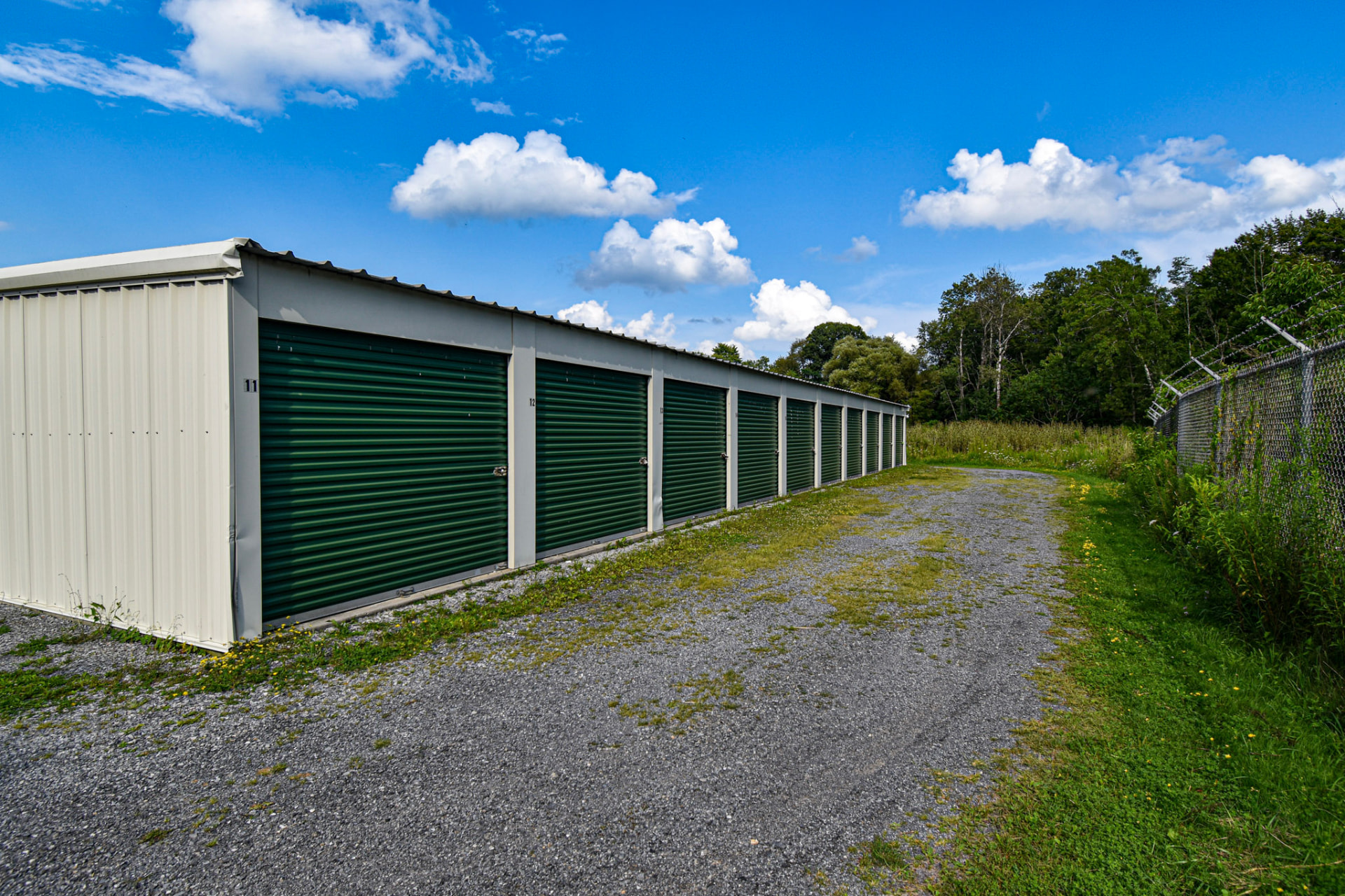 Before: green storage doors beside a driveway with weeds along the edges.